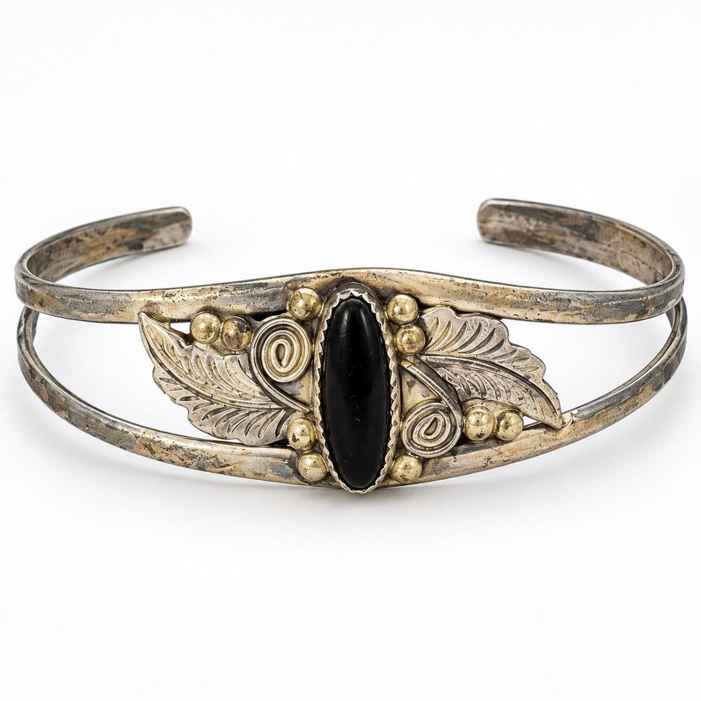 Handcrafted Southwestern Sterling Silver Black Onyx Split Shank Cuff Bracelet 7"